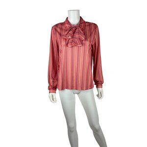 Vintage 80s Striped Blouse Womens M Salmon Pink Pastel Detachable Ascot Secretar